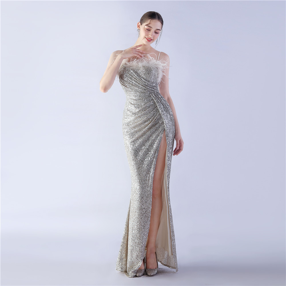 Sequins split sling wrapped chest ostrich hair evening dress