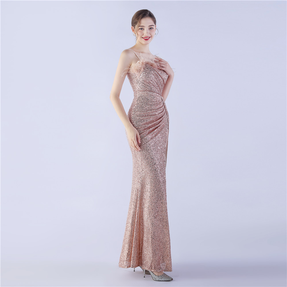 Sequins split sling wrapped chest ostrich hair evening dress