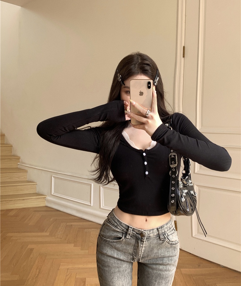 Slim long sleeve tops lace maiden T-shirt for women