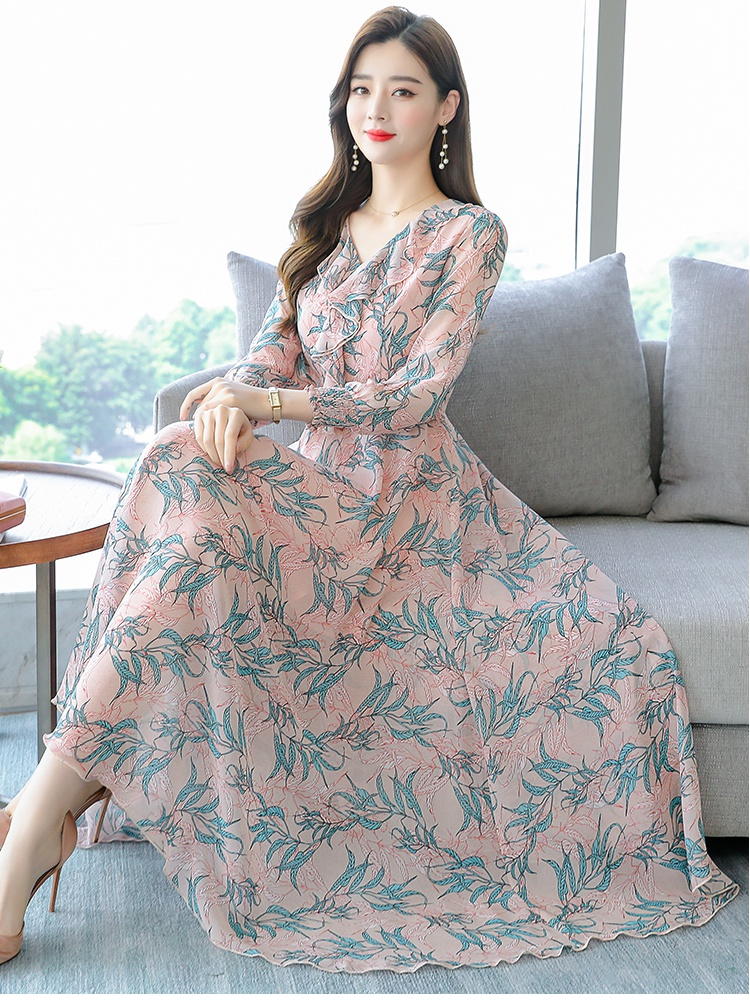 Chiffon pinched waist dress exceed knee long dress for women