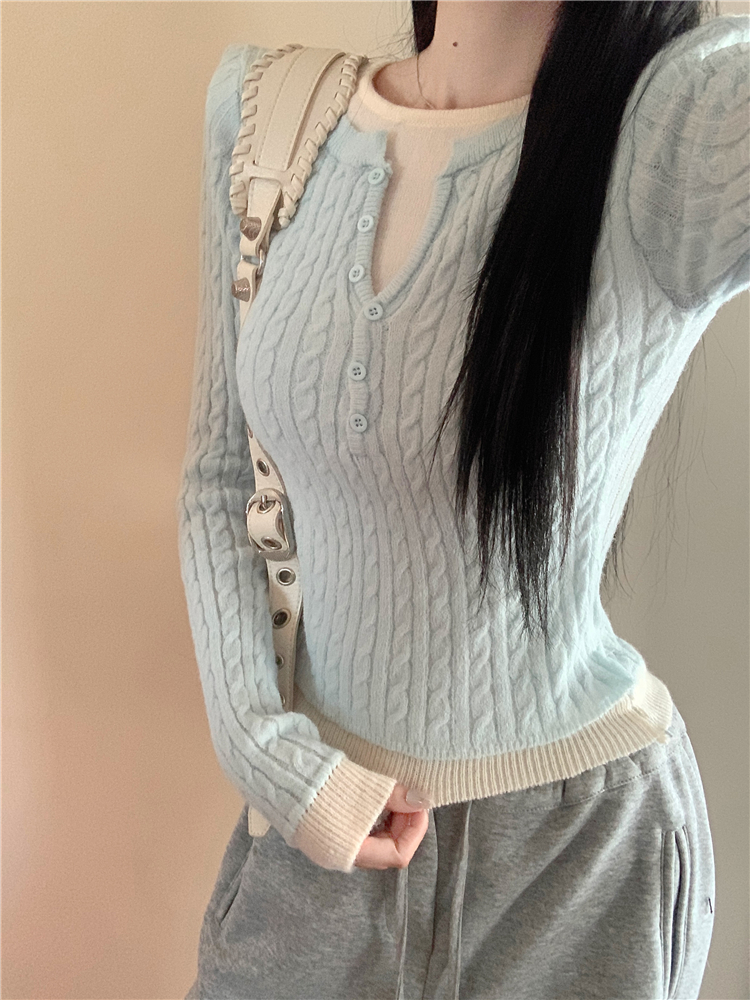 Long sleeve Pseudo-two tops twist slim sweater