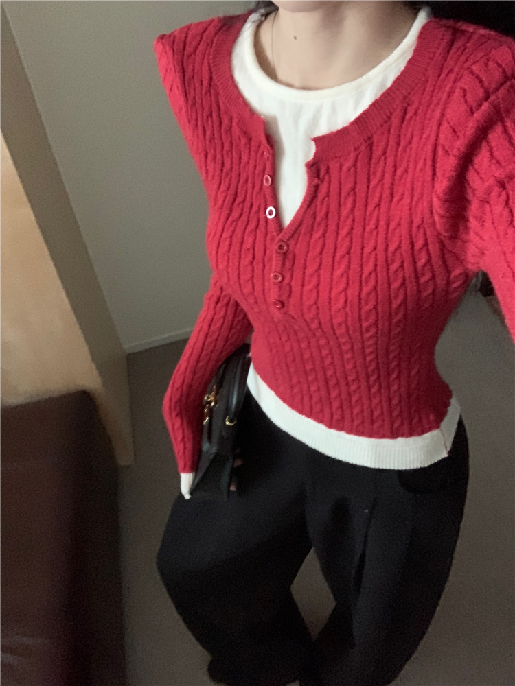 Long sleeve Pseudo-two tops twist slim sweater