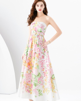 Sling painted wrapped chest wavy edge spring long dress