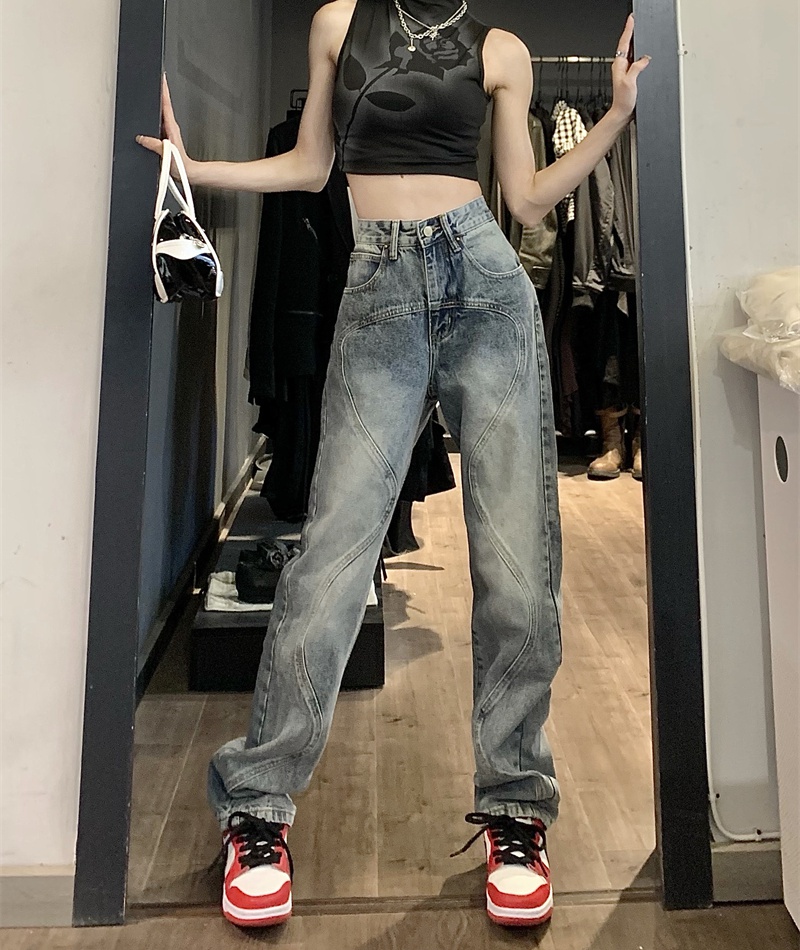 Loose high waist jeans straight slim long pants for women