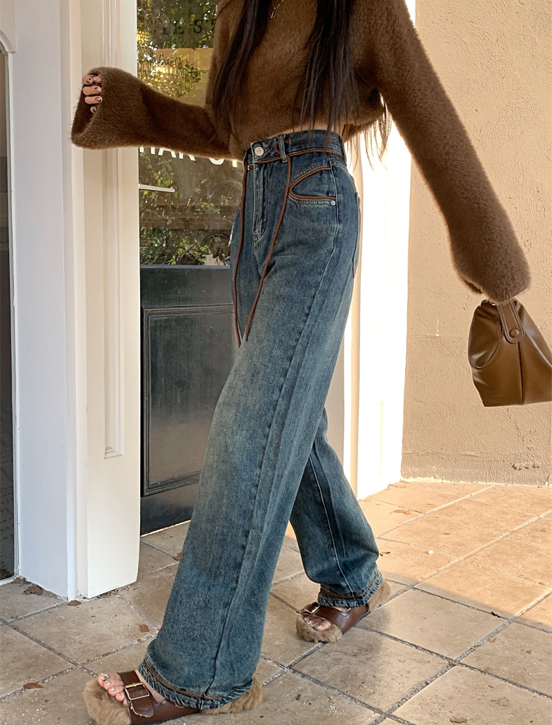 Retro straight wide leg long pants drawstring large yard jeans
