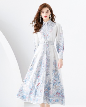 Printing long spring court style placket dress