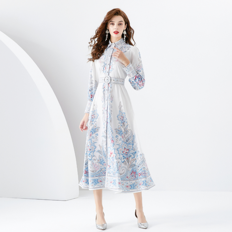 Printing long spring court style placket dress