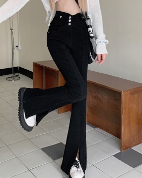 Slim elasticity black long pants split high waist jeans