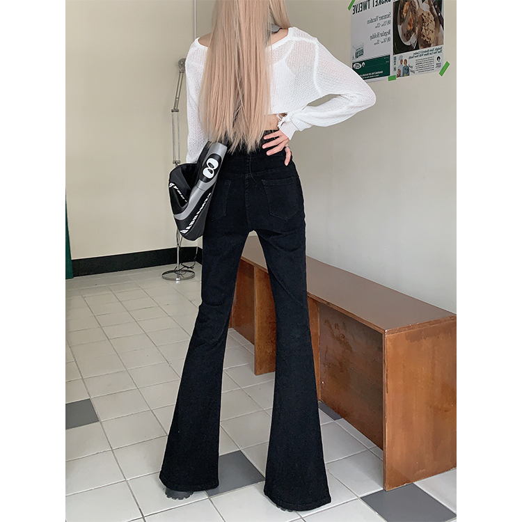 Slim elasticity black long pants split high waist jeans