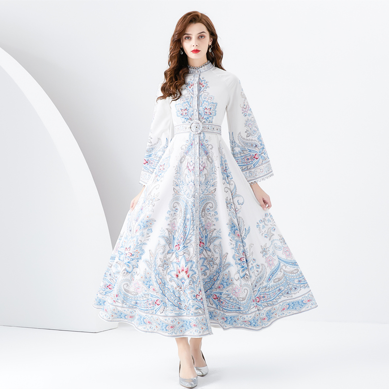 Placket lace spring trumpet sleeves long printing dress