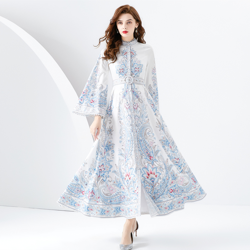 Placket lace spring trumpet sleeves long printing dress