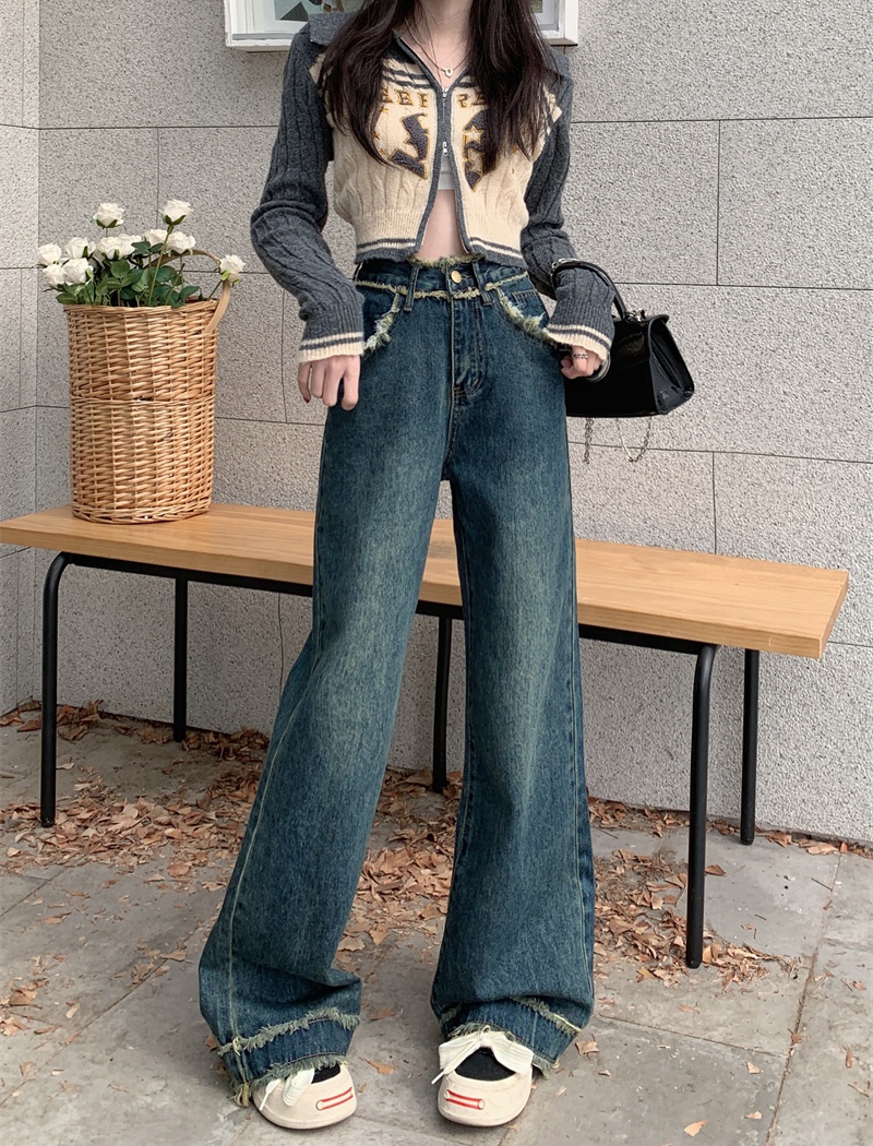Straight high waist jeans retro long pants for women