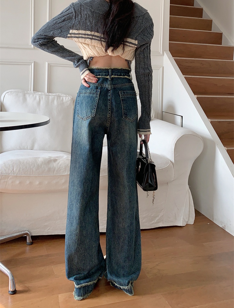 Straight high waist jeans retro long pants for women