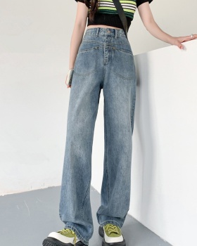 Mopping high waist jeans pocket slim pants for women