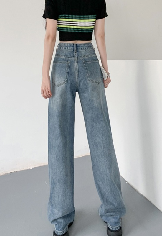 Mopping high waist jeans pocket slim pants for women