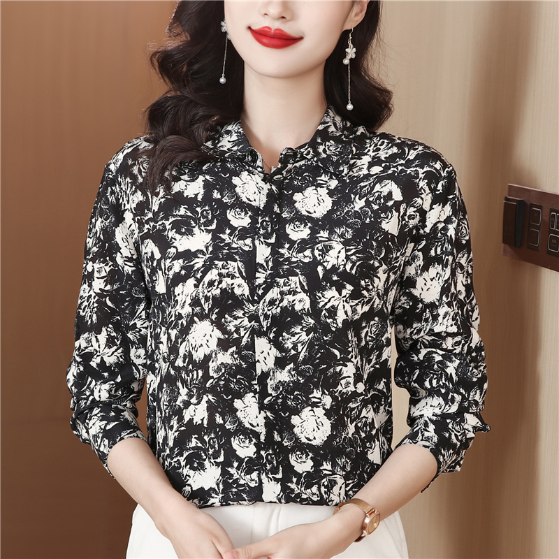 Real silk retro black-white shirt rose silk tops for women