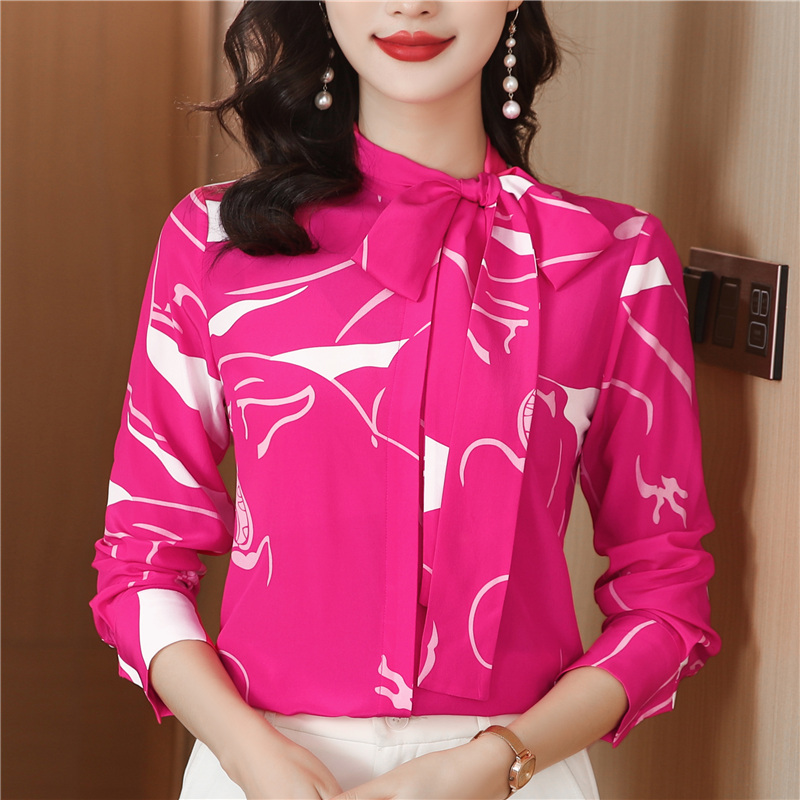 Red frenum shirt real silk printing tops for women