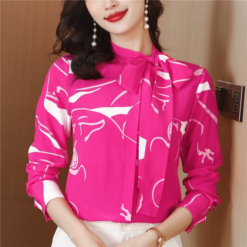 Red frenum shirt real silk printing tops for women