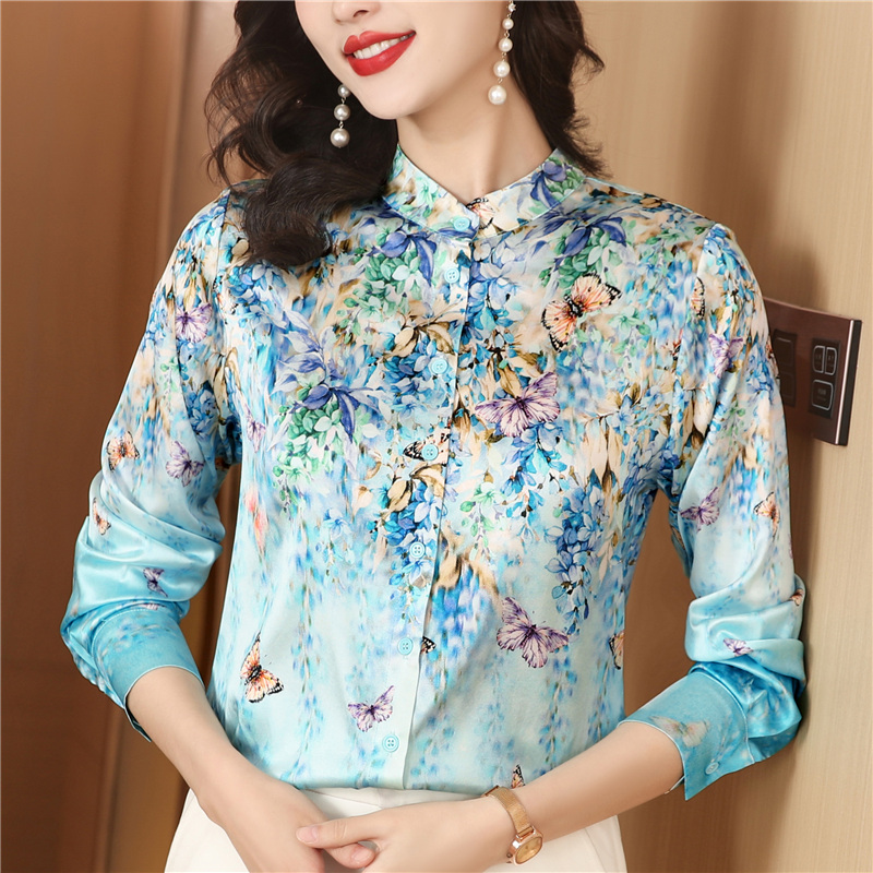 Cstand collar printing shirt silk real silk tops for women