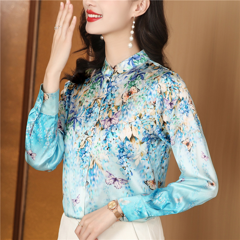 Cstand collar printing shirt silk real silk tops for women