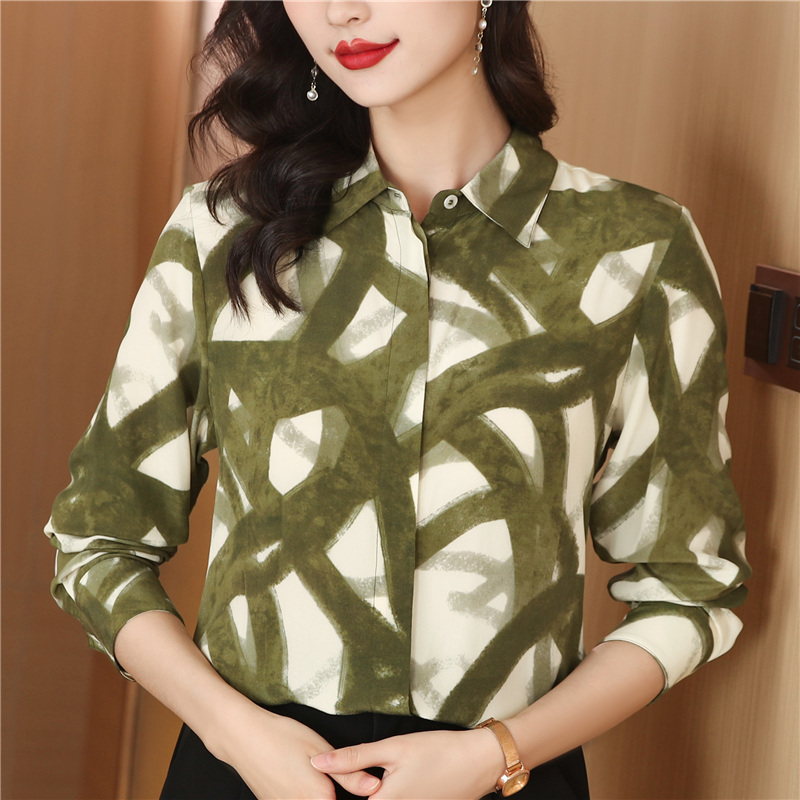 France style printing unique real silk green grain shirt