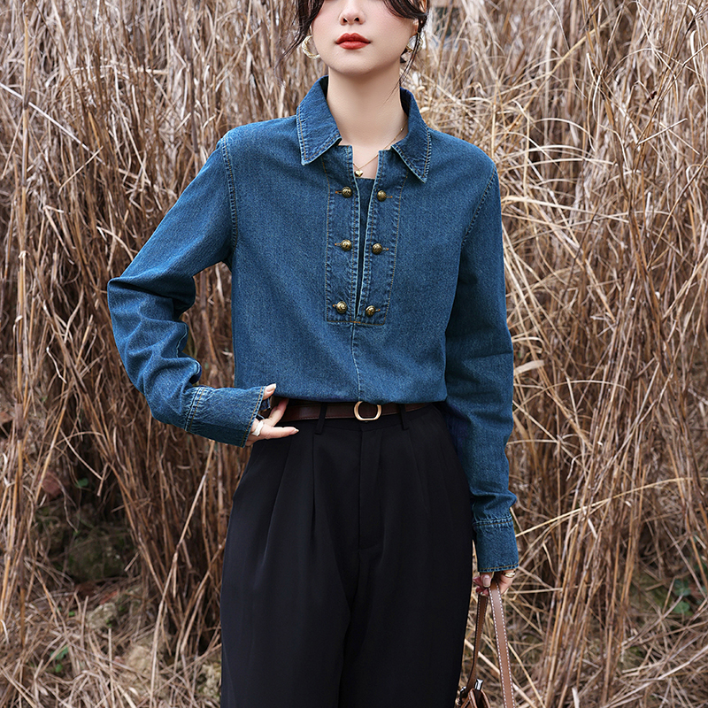 Spring and autumn denim long sleeve retro shirt for women