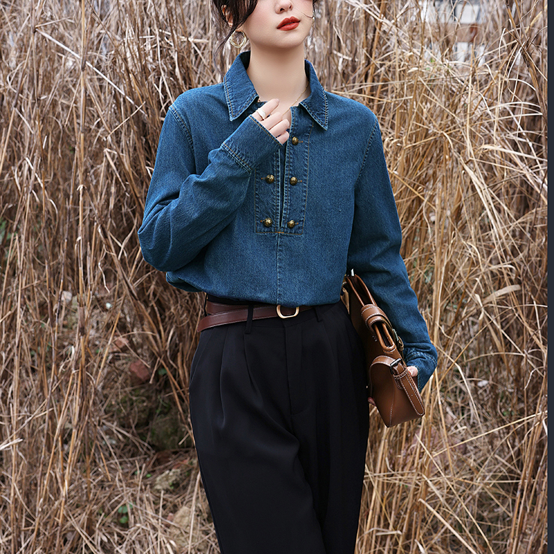 Spring and autumn denim long sleeve retro shirt for women