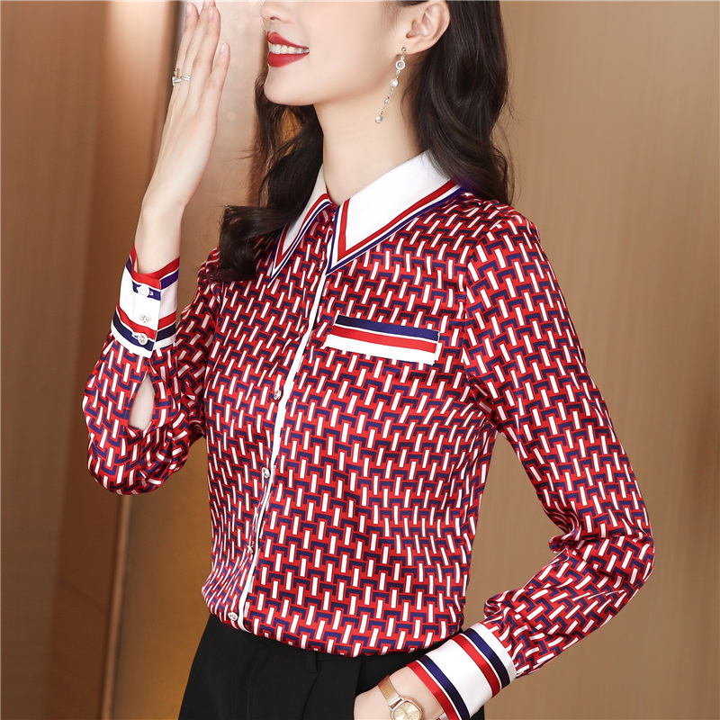 Satin splice tops silk long sleeve shirt for women