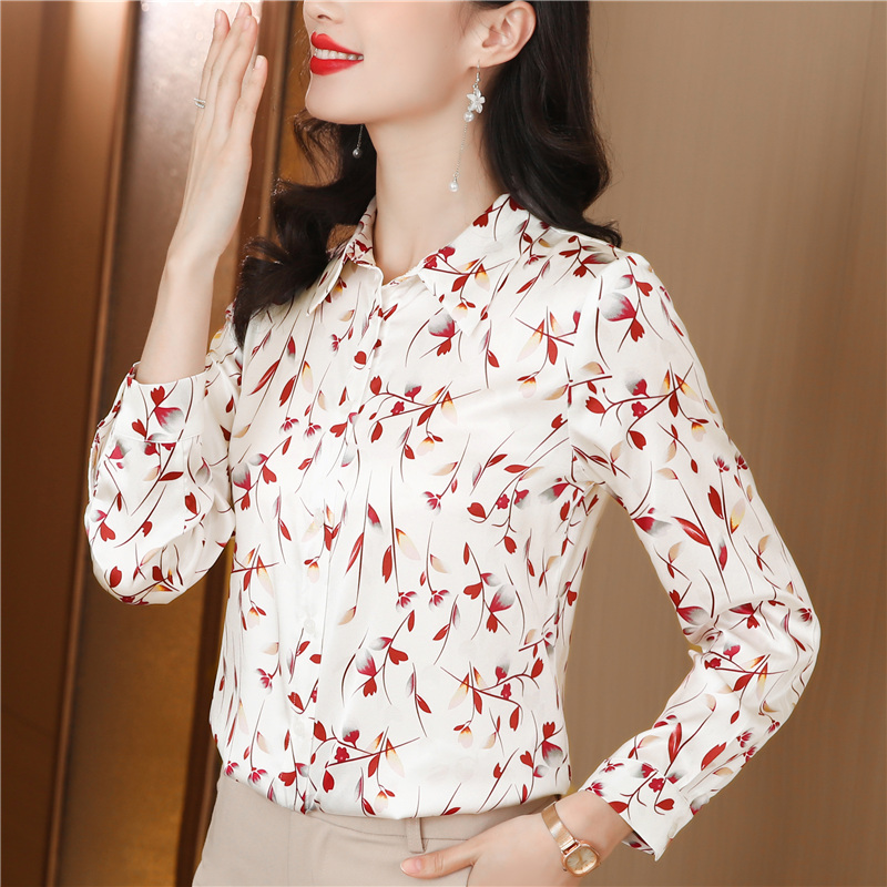 All-match real silk printing long sleeve shirt for women