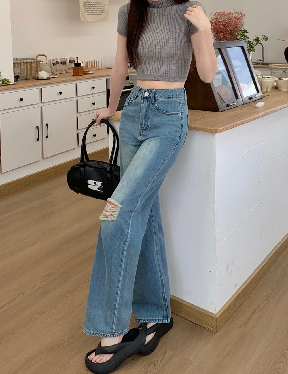 Spring and summer wide leg pants mopping jeans for women