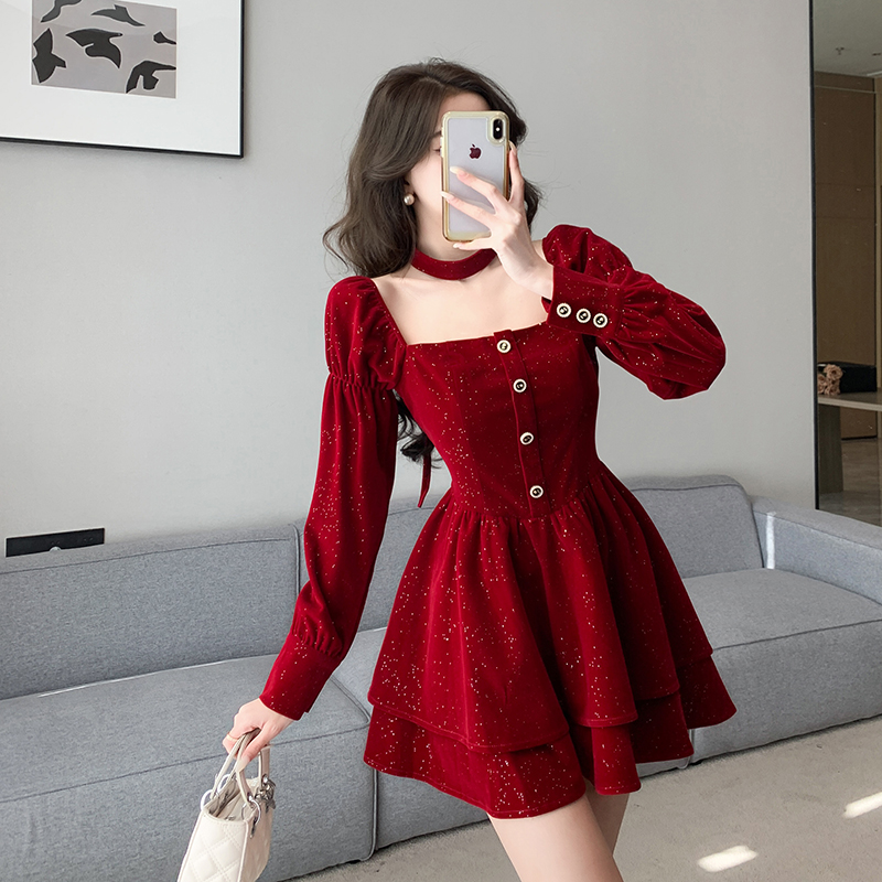 Christmas refinement dress red long sleeve lady dress