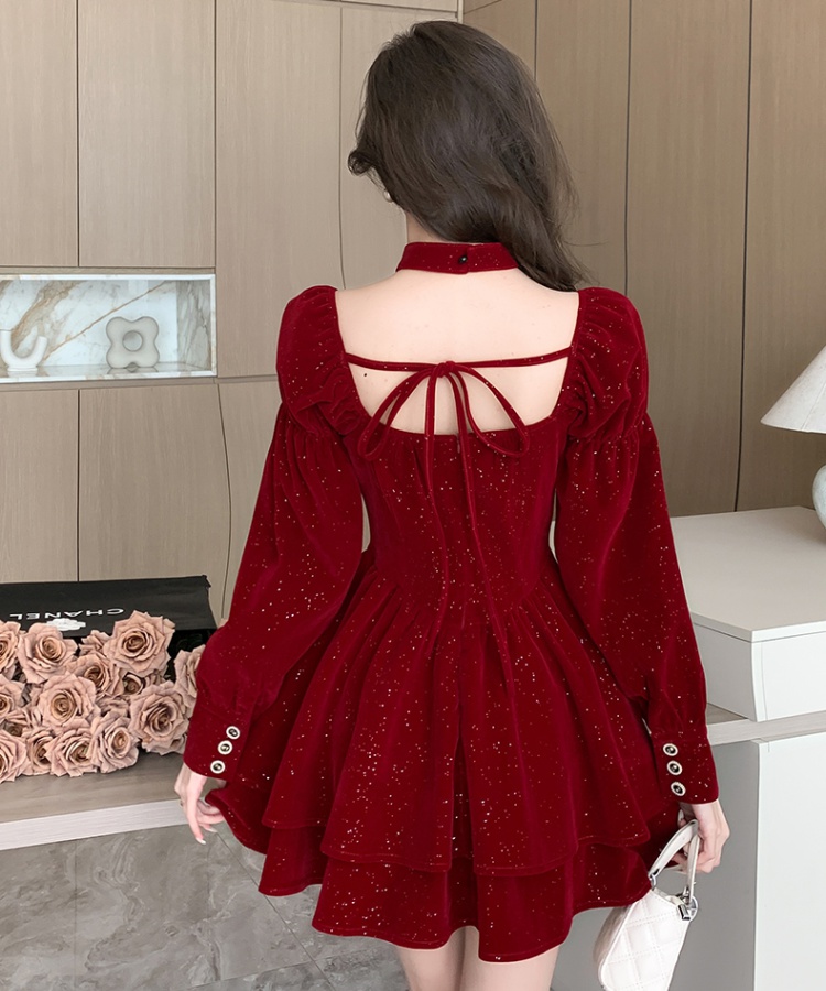 Christmas refinement dress red long sleeve lady dress