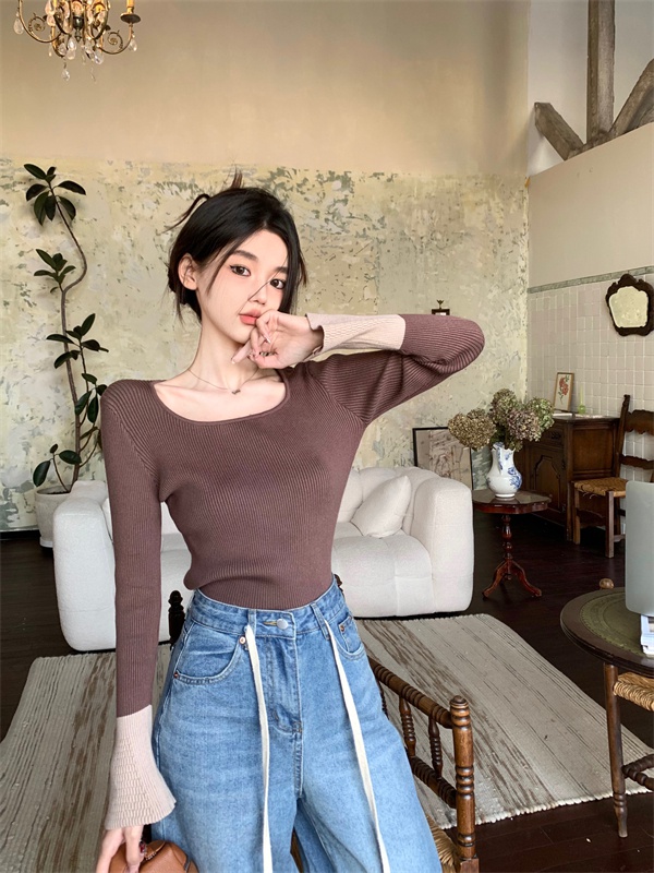 Knitted mixed colors unique round neck bottoming shirt