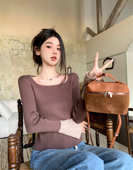 Knitted mixed colors unique round neck bottoming shirt