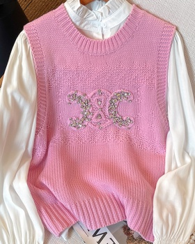 Apricot spring sleeveless vest rhinestone knitted tops