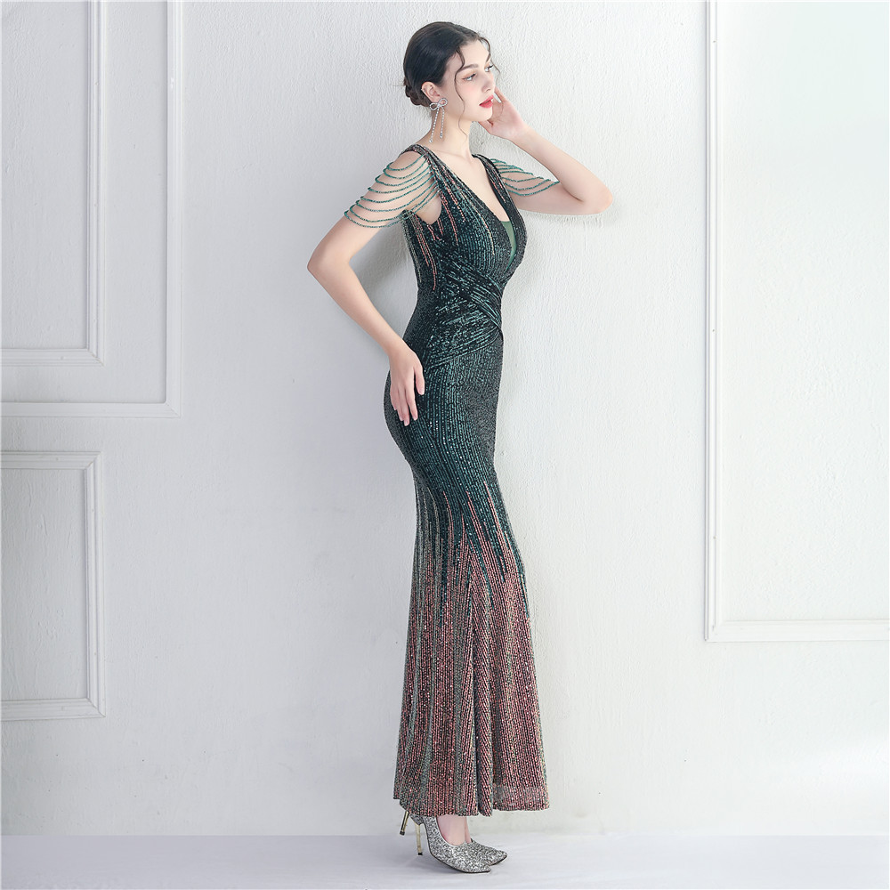 Sequins host long evening dress model set beads dress