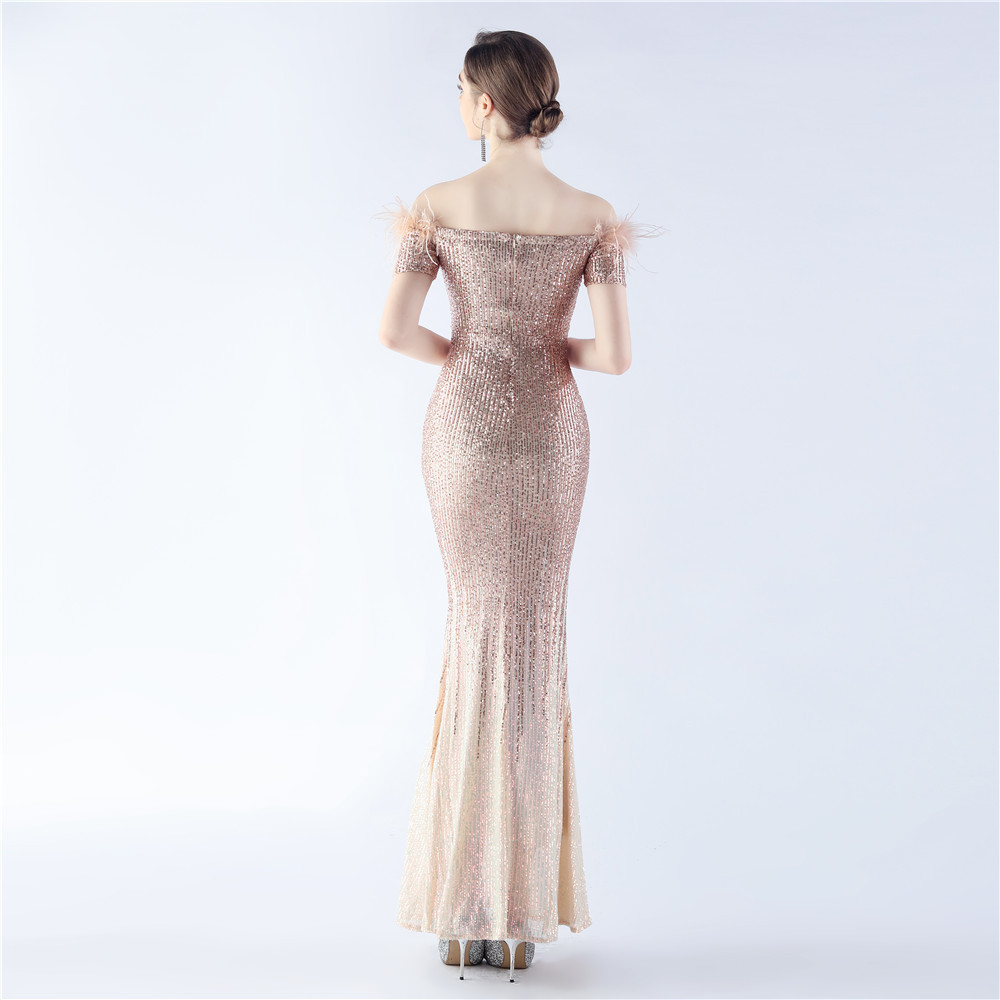Sequins gradient flat shoulder evening dress