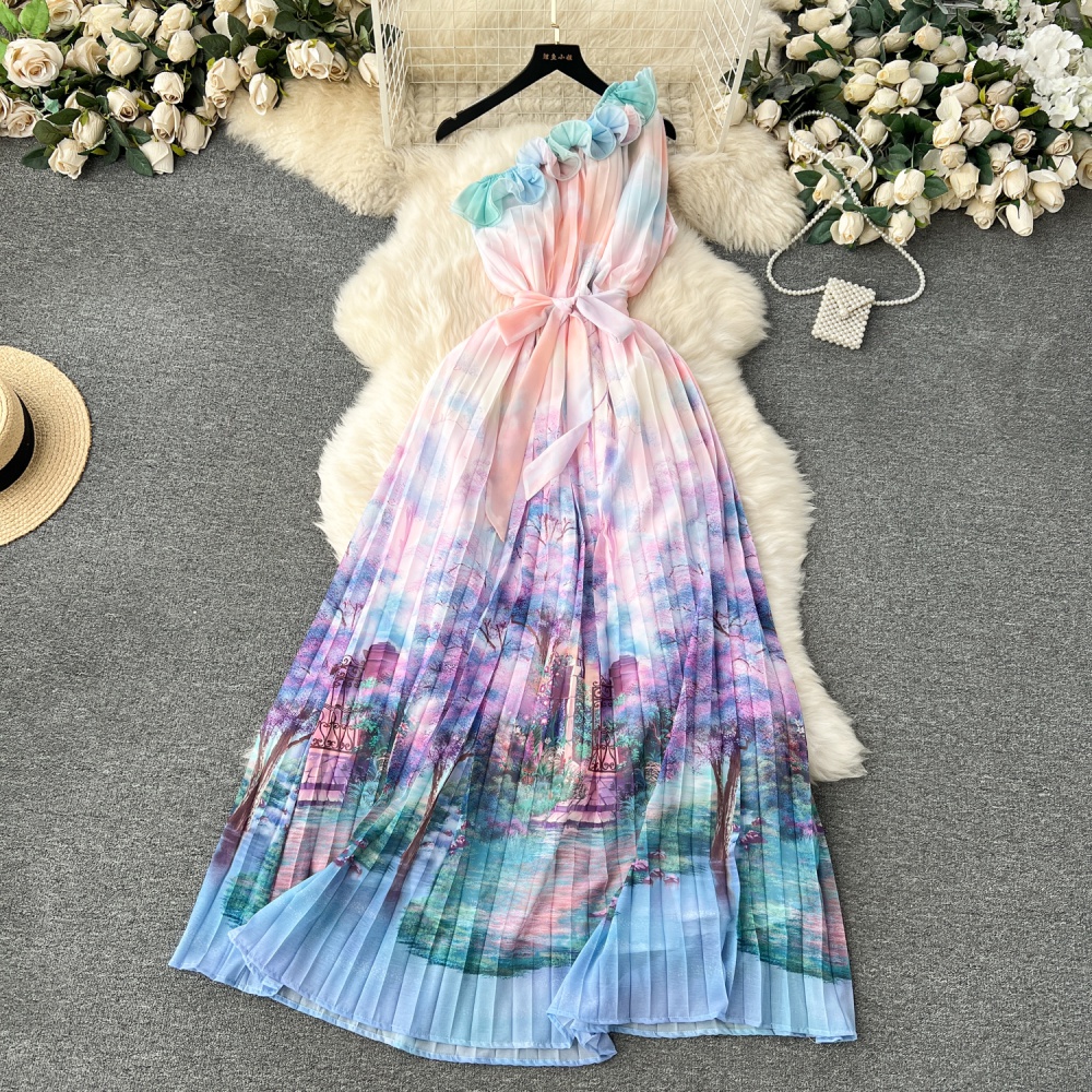 Colors strapless oblique collar vacation dress for women