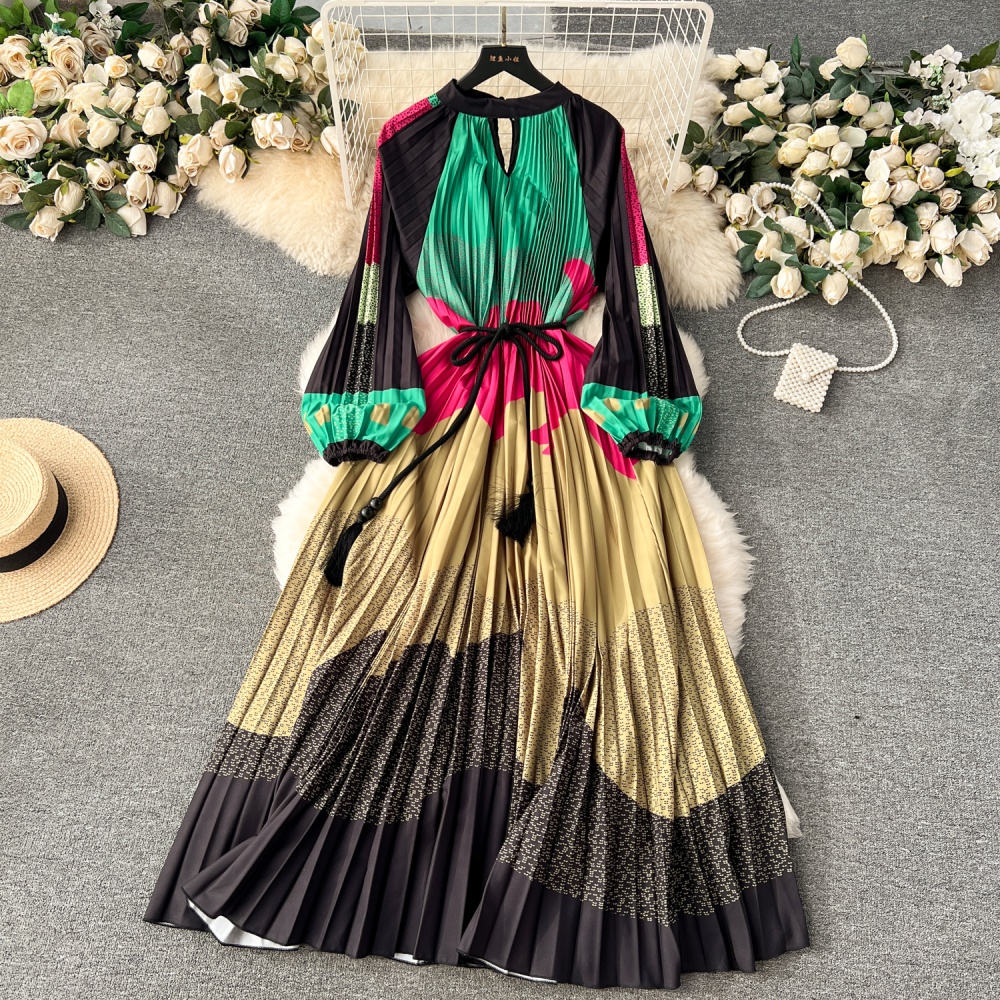 Pleated court style crimp retro dress for women