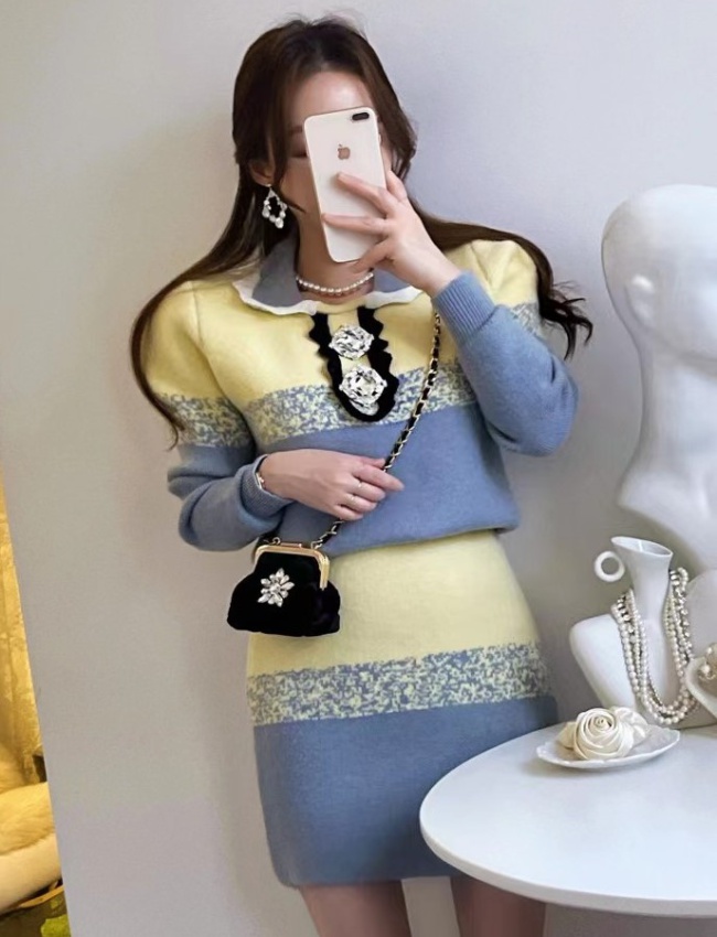 Slim mixed colors sweater Korean style package hip skirt