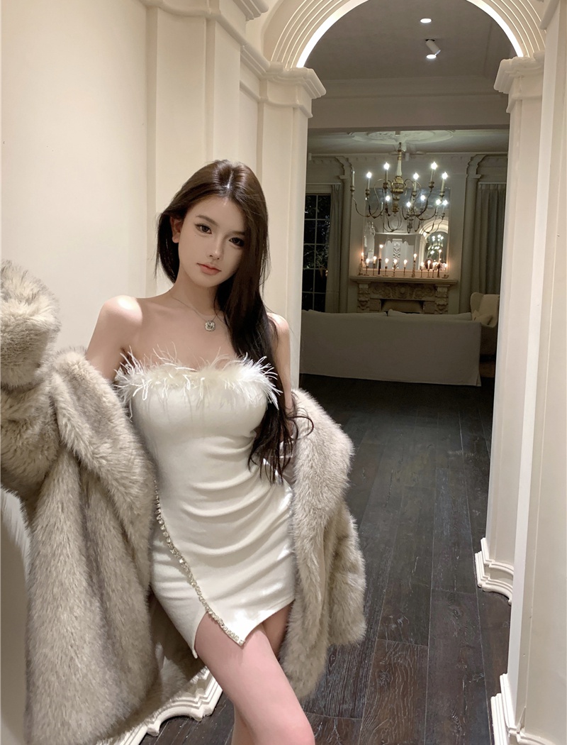 Sexy package hip split wrapped chest dress for women