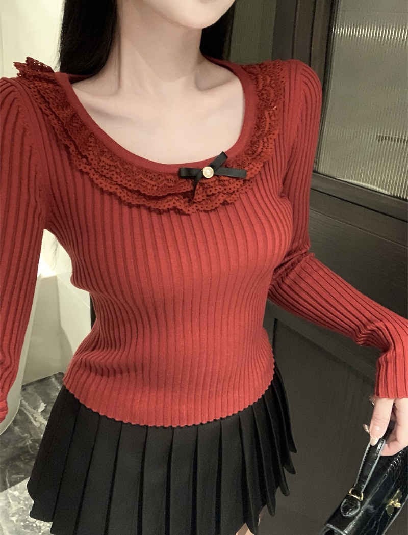 Bow sweet lace inside the ride autumn and winter sweater