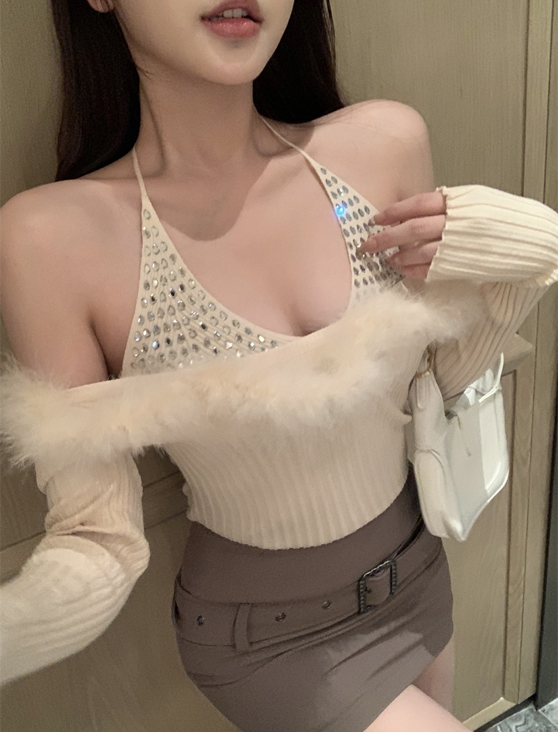 Rhinestone feather tops long sleeve sweater for women