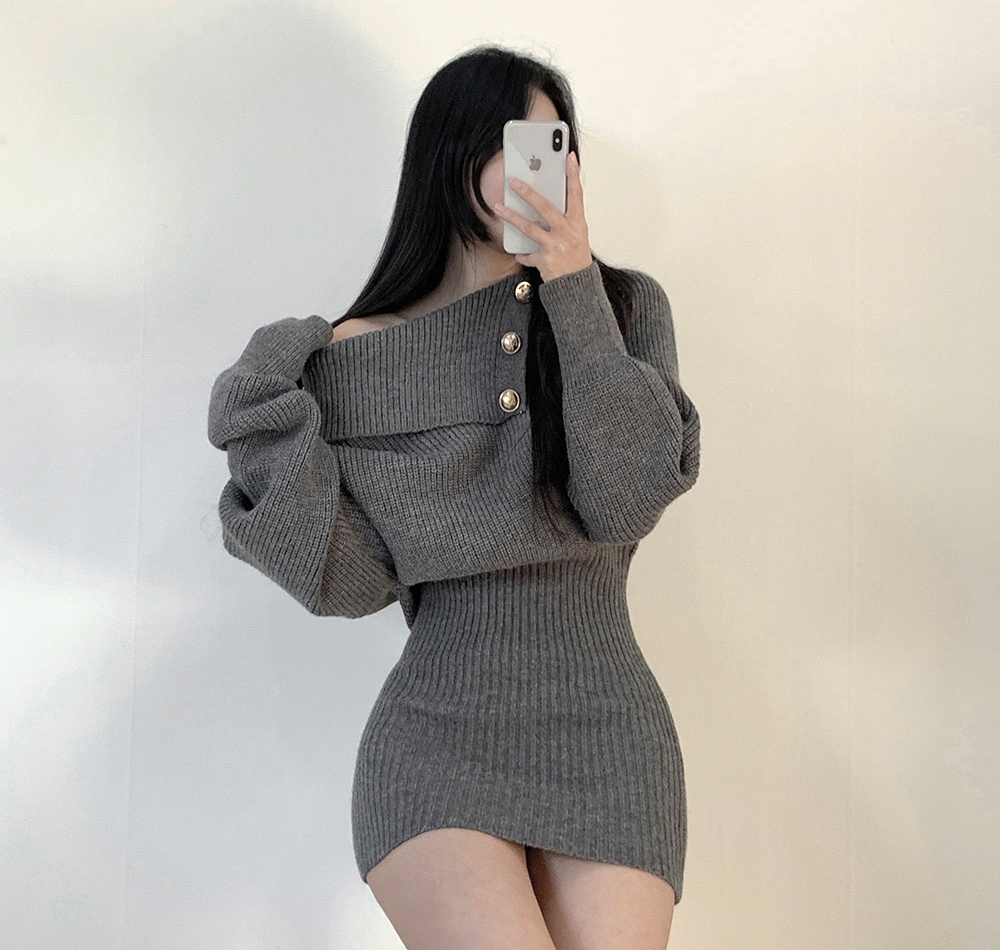 Sexy horizontal collar dress knitted sweater