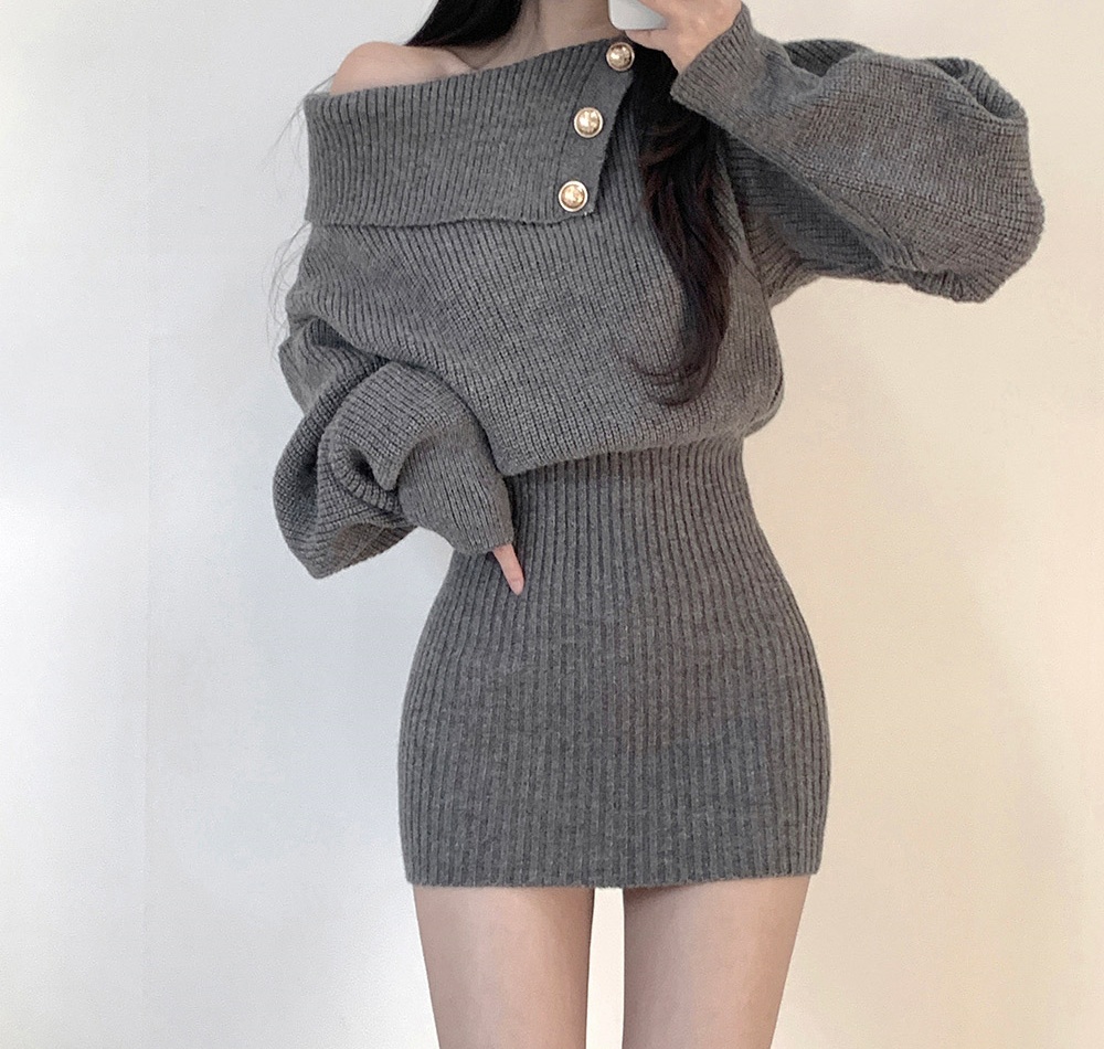 Sexy horizontal collar dress knitted sweater