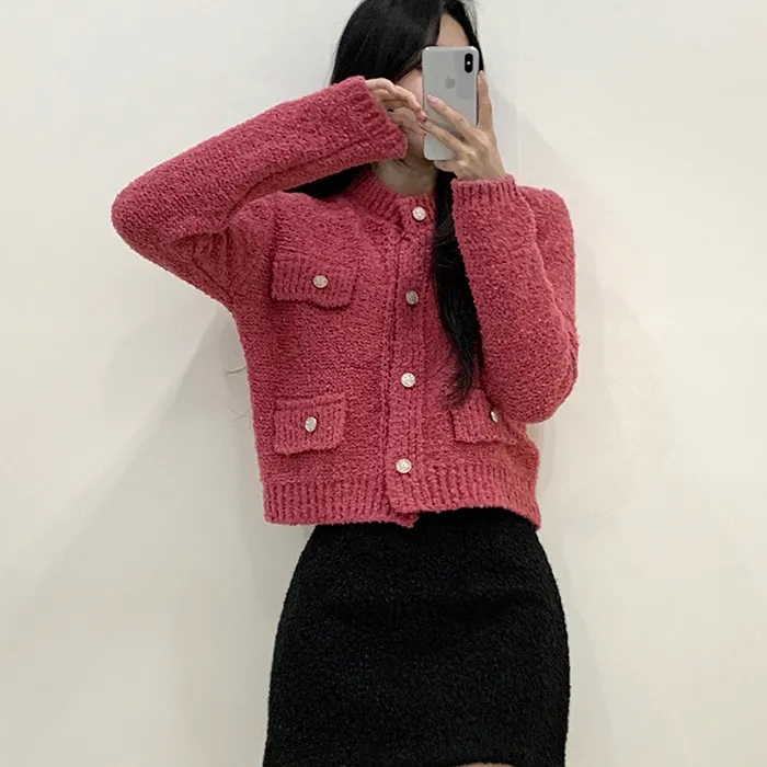 All-match simple knitted sweater spring round neck cardigan