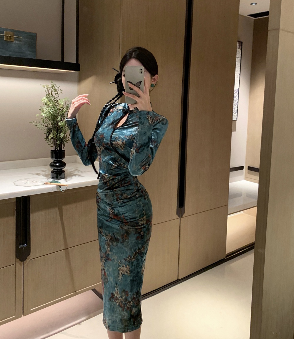 Elegant printing dress package hip long cheongsam