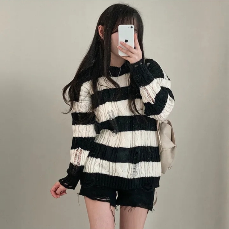 Holes irregular stripe sweater knitted retro spring tops