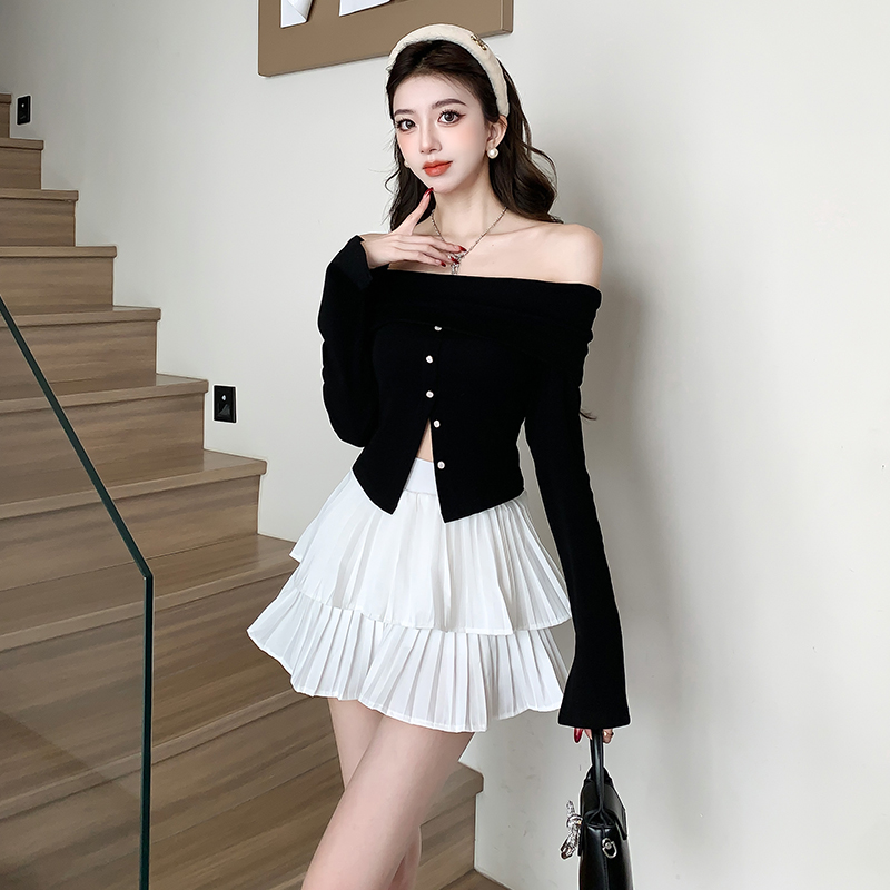 Sexy pinched waist skirt France style tops 2pcs set