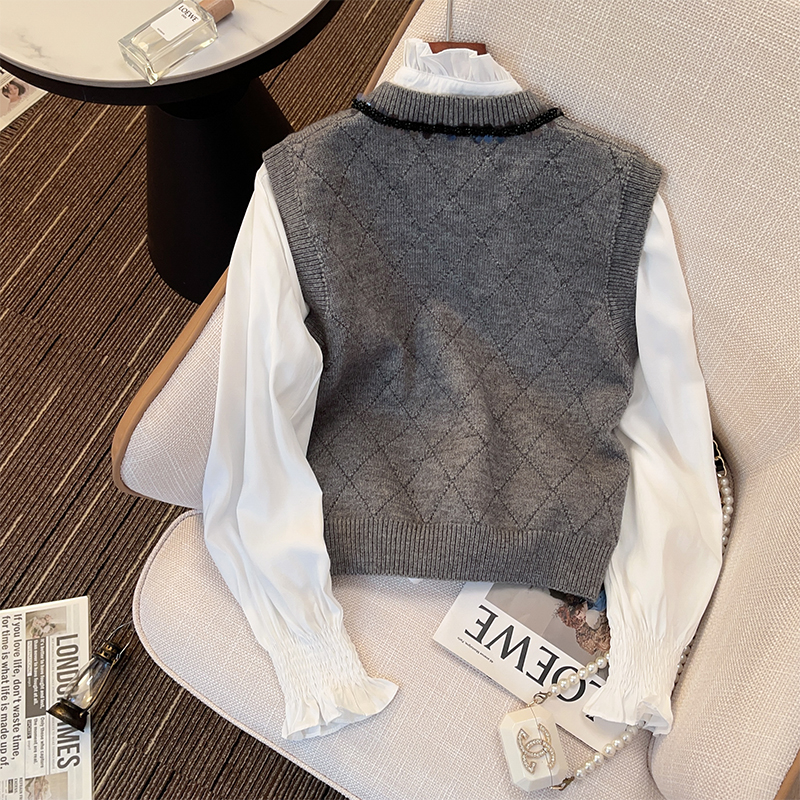 Chanelstyle knitted waistcoat France style shirt 2pcs set